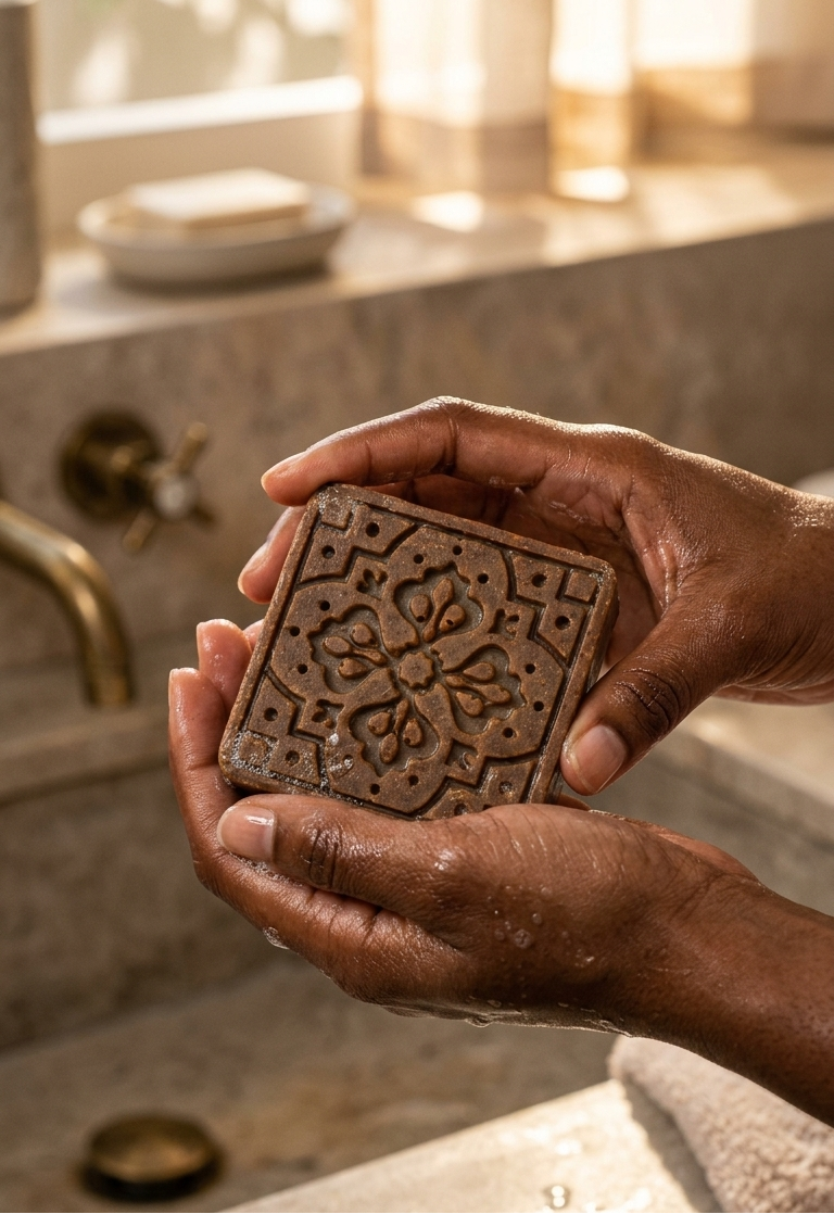 Hand holding a bar of soap with intricate designs in a bathroom setting.