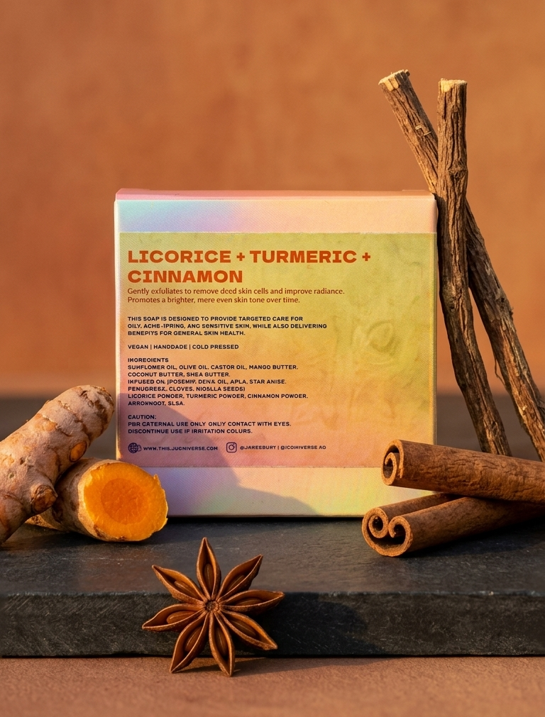Box of licorice, turmeric, and cinnamon with ingredients displayed on a wooden surface.