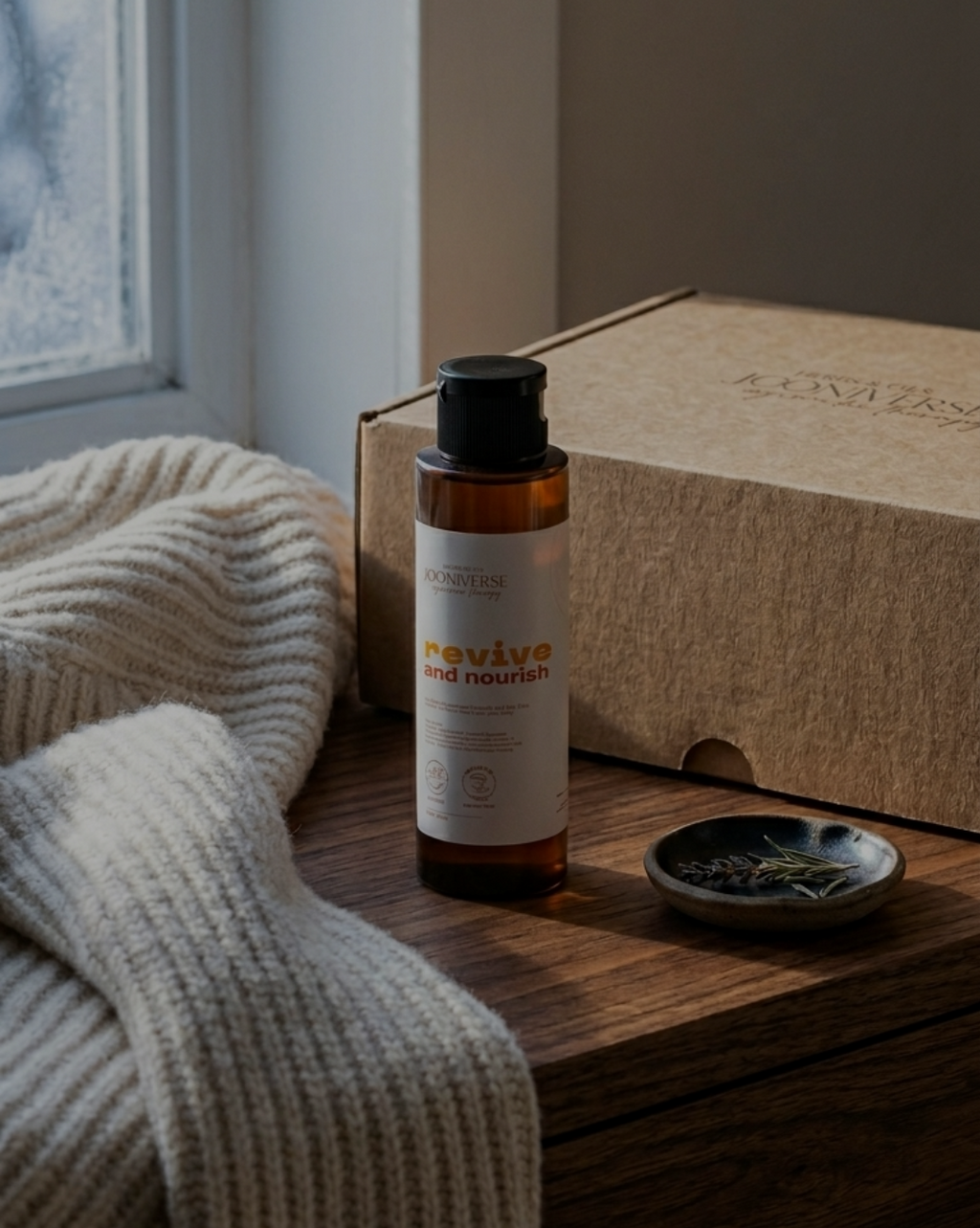Skincare bottle with a box on a wooden surface near a window