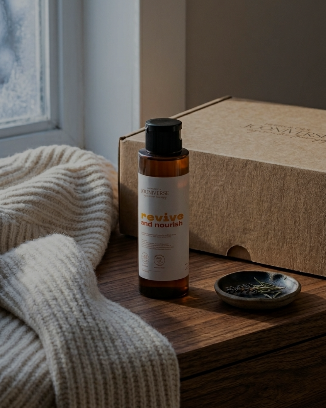 Skincare bottle with a box on a wooden surface near a window