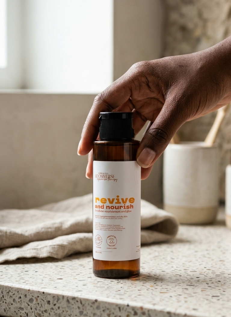 Hand holding a bottle labeled 'revive and nourish' on a countertop.
