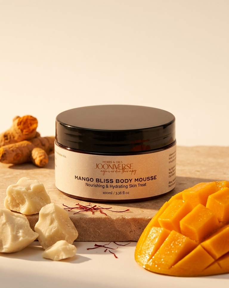 Jar of Mango Bliss Body Mousse with mango pieces and turmeric on a wooden board