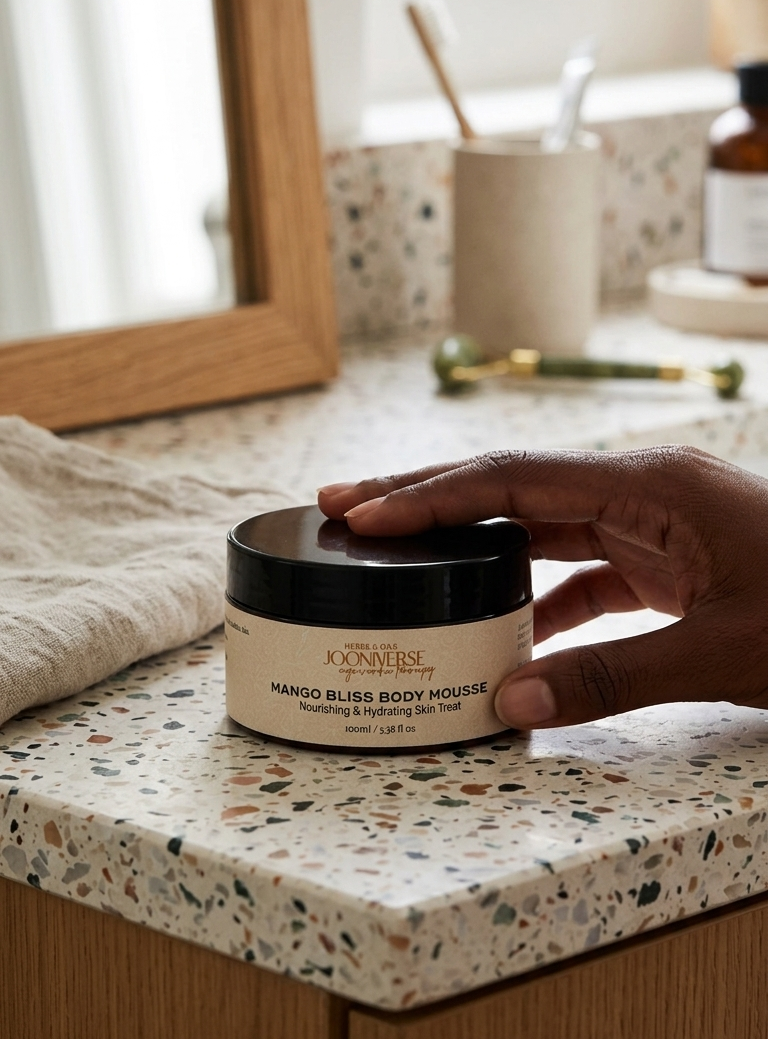 Hand holding a jar of JOONIVERSE body butter on a bathroom counter.