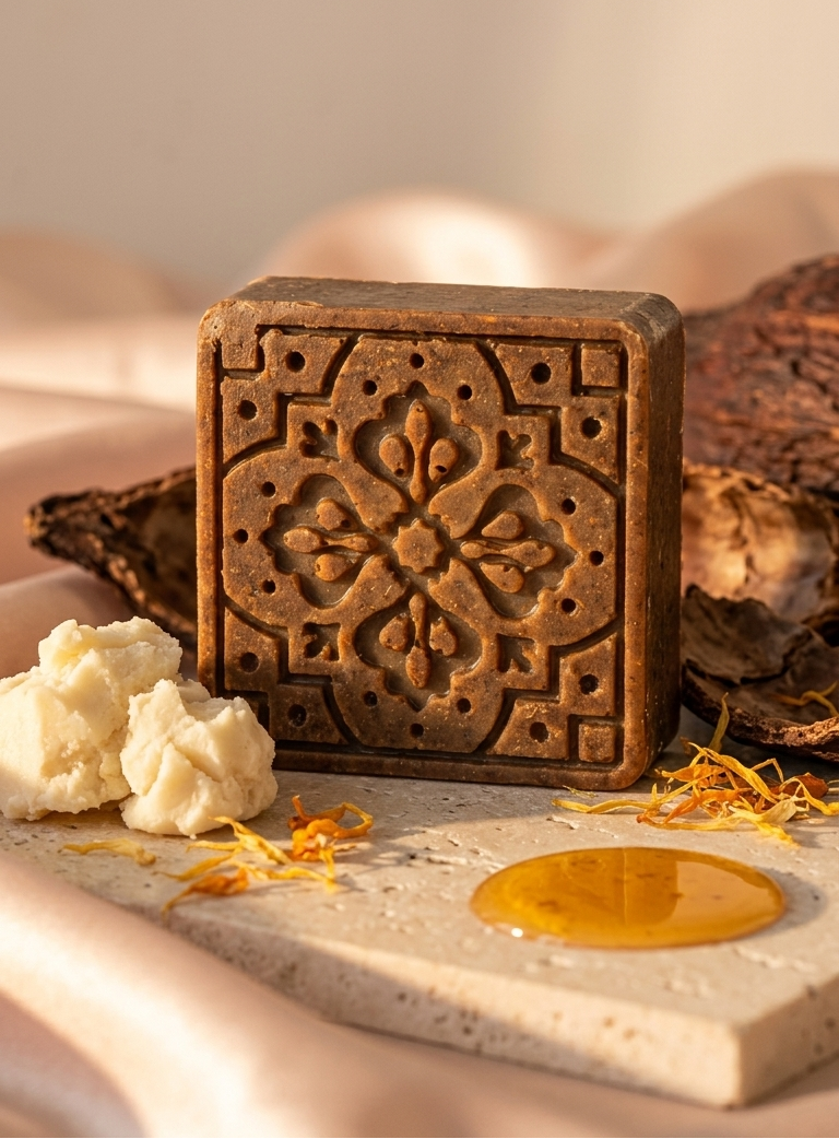 Decorative soap bar with intricate design on a marble surface with honey and flowers.